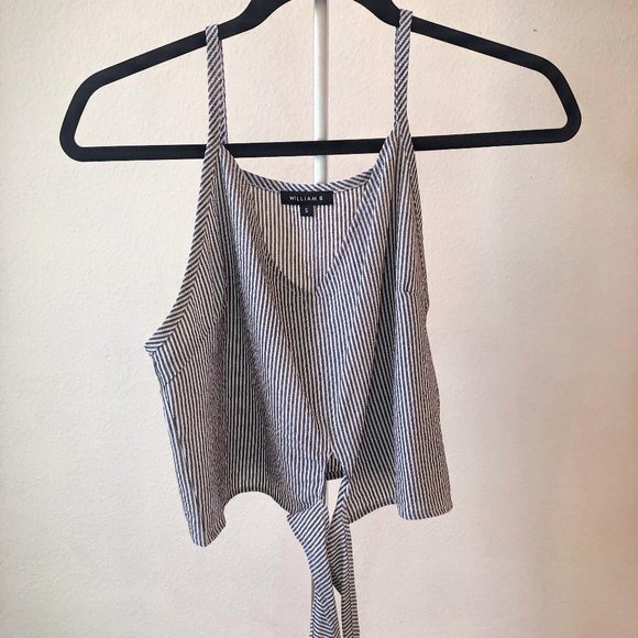 William B Tops - William B Grey/White Stripe Tie Front Crop Top (S)